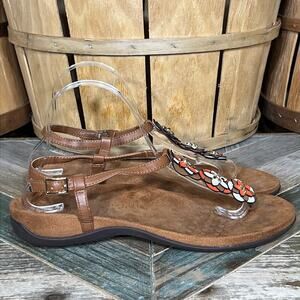 Vionic Rest Paulie Floral Red Orange Tan Leather Orthotic Thong Sandal Women 9.5
